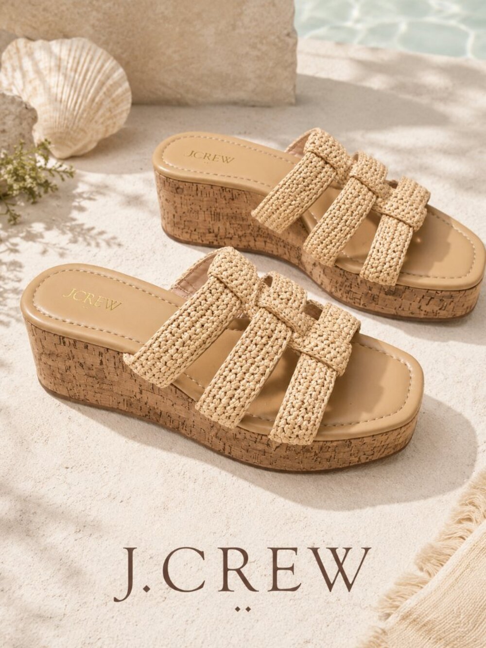 J.Crew Raffia Platform Wedge Sandals 9 Beige Fisherman Flatform Coastal Chic